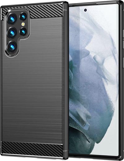 MobyDefend Hoesje - Geschikt voor Samsung Galaxy S23 Ultra - TPU Backcover - Geborstelde Metaal & Carbon-Look - Zwart
