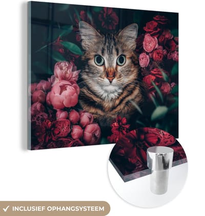 MuchoWow® Glasschilderij 120x90 cm - Schilderij acrylglas - Kat - Bloemen - Bladeren - Botanisch - Foto op glas - Schilderijen