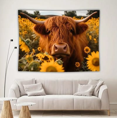 Allernieuwste.nl® Charmant Wandkleed Highland Koe Zonnebloem 100x150 cm - Kleurrijke Natuursfeer