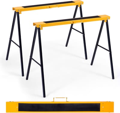 COSTWAY 2 x steigerbokken, klapbokset, steunbok, zaaghulp, metalen onderstelbok, belastbaar tot 275 kg, inklapbare bokken met handgreep, zaagpaard staal, geel