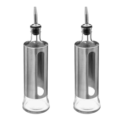 5Five Azijn/Olie flessen voor op tafel - 2x - glas/metaal - transparant/zilver - olijfolie en tafelazijn - 500 ml per fles