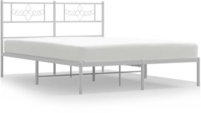 Klassiek Metalen Bedframe - 135x190 cm - Wit - Inclusief Hoofdbord en Lattenbodem - Robuust Stalen Frame - Extra Opbergruimte onder het Bed