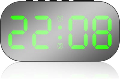 Spiegel Digitale Wekkerradio – 3 Niveaus Dimbaar, USB & Type-C Oplaadpoorten – Voor Slaapkamer en Nachtkastje - Groen