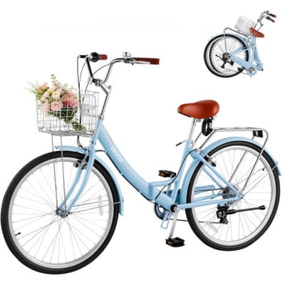 VEVOR Damesfiets 26 inch 7-versnellings Cruiser Stadsfiets Lichtblauw Opvouwbaar, voor Stad, Strand, Winkelen en Reizen, met Lage Instap, Opvouwbaar Voormandje, Bagagedrager tot 50 kg en Dubbele V-remmen