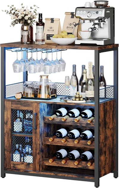 Wijnkast met LED-verlichting, barkast met verstelbare flessenrekken & glazenhouder, drankopslag voor keuken & eetkamer, 70x35x92 cm