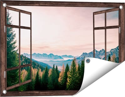 Gards Tuinposter Doorkijk Bos met Bomen bij Bergen Landschap - 60x40 cm - Tuindoek - Tuindecoratie - Wanddecoratie buiten - Tuinschilderij