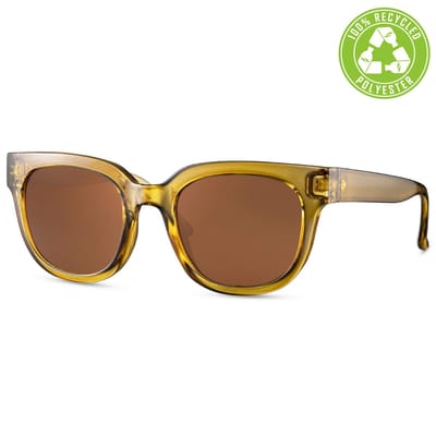 6119 Eco Dames Zonnebril | okergeel montuur zonnebril | bruine glazen zonnebril | festival zonnebril | rave & techno bril | trendy dames zonnebril | fashion zonnebril | dames zonnebril | festival eyewear | zonnebril met brillensleeve & doek