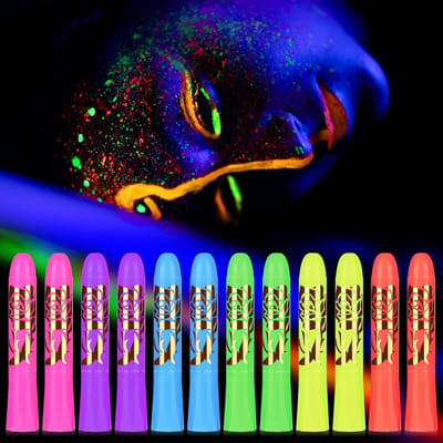 Suntac UV Schminkstiften – 12 Stuks in 6 Neonkleuren – Fluorescerende Gezichts- en Bodypaint – Afwasbare Draaistiften voor Halloween, Cosplay en Feesten