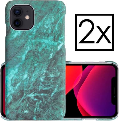 Hoes Geschikt voor iPhone 11 Hoesje Marmer Back Case Hardcover Marmeren Hoes Marmer - Groen - 2 PACK
