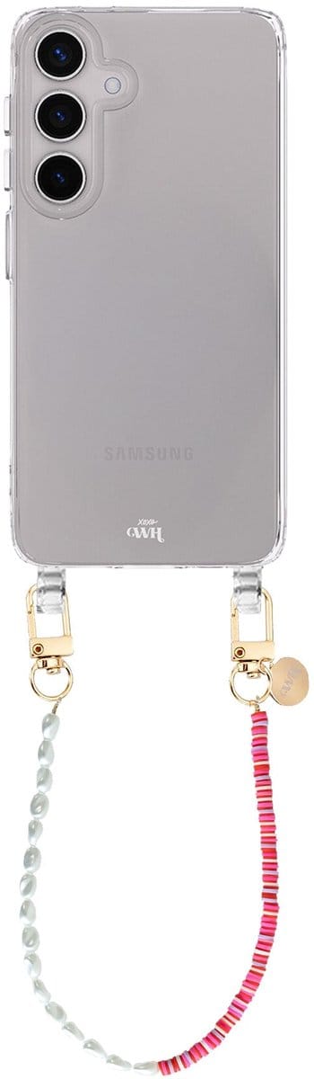 xoxo Wildhearts siliconen hoesje - Geschikt voor Samsung Galaxy S25 Plus hoesje - Island Girl - Telefoonhoesje - Hoesje met koord - Korte parelketting / kralenketting - kort telefoonkoord - Transparant hoesje (korte variant)