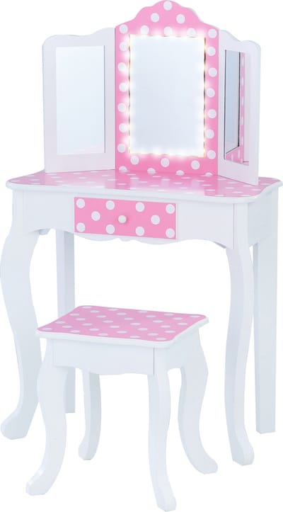 Teamson Kids Houten Kaptafel Kinderen - Met LED Licht Spiegel - Polka Dot - Roze/Wit