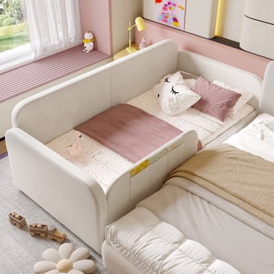 REDOM Kinderbedbank – 90x200 cm – Met 2 lades & 3 opbergtasjes – Fluweel – Wit
