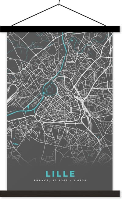 Posterhanger incl. Poster 40x60 cm - Schoolplaat - Frankrijk - Lille - Plattegrond - Kaart - Stadskaart - Textielposter - Zwarte latten - Stadskaart