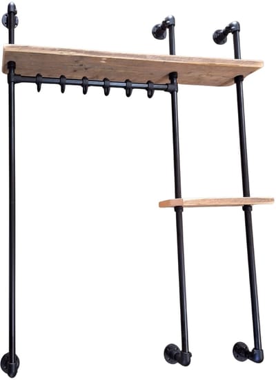 Kapstok Industrieel – 120cm - Zwart Steigerbuis - 2 planken – 6 haken