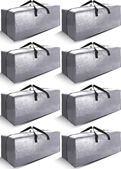 Cosy Family Set van 8 extra grote verhuistassen met rugzakriemen - sterke handgrepen en ritsen, opbergbakken voor ruimtebesparing, plat vouwen, alternatief voor verhuisdoos (40 gram, zilver)