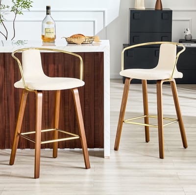 FloraGrace Barkruk – Scandinavisch Design Met Armleuningen – Set Van 2 – Stoffen Zitting, Houten Poten En Metalen Voetensteun – Wit