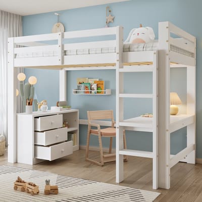 Hoogslaper 90x200 cm - kinderbed - met bureau - ladekast en opbergplank - viertraps ladder - wit - zonder matras