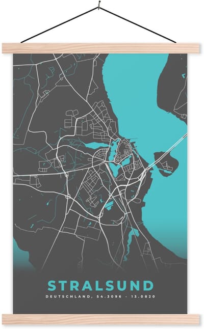 Posterhanger incl. Poster 40x60 cm - Schoolplaat - Stadskaart – Plattegrond – Duitsland – Blauw – Stralsund– Kaart - Textielposter - Blanke latten - Stadskaart