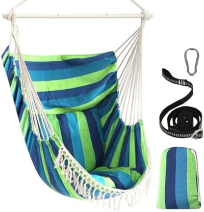 Hangstoel, hangschommel, maximaal 150 kg, inclusief 2 kussens, stalen spreidstang met anti-slip groeven, draagbare hangstoel, zijtas, grote macramé, Boheemse stoel, binnen en buiten