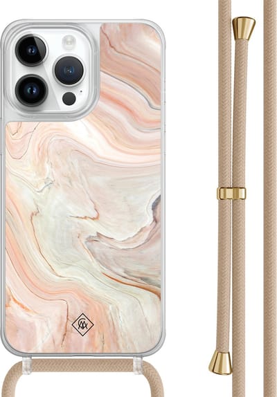 Casimoda® hoesje met beige koord - Geschikt voor iPhone 13 Pro Max - Marmer Waves - Afneembaar koord - TPU/polycarbonaat - Bruin/beige