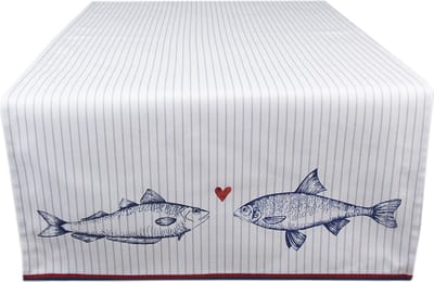 Clayre & Eef Tafelloper 50x140 cm Wit Blauw Katoen Vissen