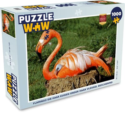 Puzzel Flamingo die haar kuiken onder haar vleugel beschermd - Legpuzzel - Puzzel 1000 stukjes volwassenen