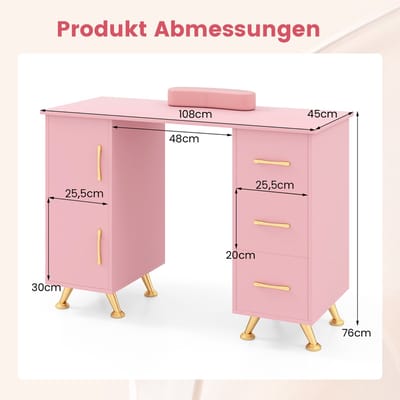 COSTWAY Manicuretafel met laden, kasten en polssteun, nageltafel met acetonbestendig tafelblad, manicuretafel (roze)