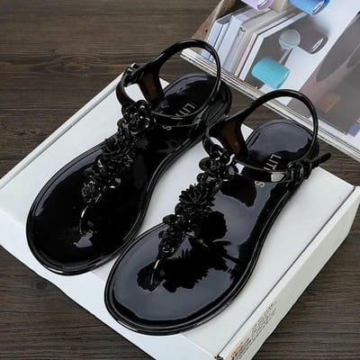 Zomer Sandalen Dames Europees en Amerikaans Godin Must-have Snoepkleurige Bloemen Sandalen Platte Slippers Comfortabele Lichte Schoenen 35 zwart