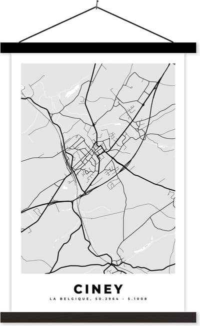 Posterhanger incl. Poster 40x60 cm - Schoolplaat - Stadskaart – Zwart Wit - Kaart – Ciney – België – Plattegrond - Textielposter - Zwarte latten - Stadskaart