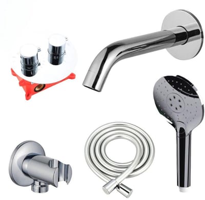 FugaFlow Eccelente Acces Badkraan set - uitloop - 22cm inkortbaar - rond bedieningspaneel - gladde slang - ronde handdouche - inbouwdeel - wandhouder - chroom