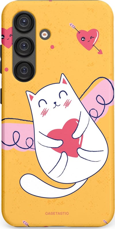 Casetastic Hoesje Geschikt voor Samsung S25 - Stijlvolle Beschermende Duo-layer Case - Kattenflirt Geel Rode Hartjes Liefde
