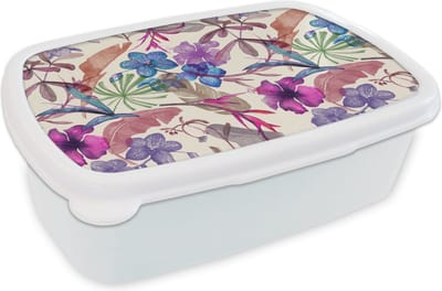 Broodtrommel Wit - Lunchbox - Brooddoos - Bloemen - Regenboog - Jungle - Patroon - Vintage - 18x12x6 cm - Volwassenen