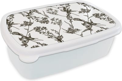 Broodtrommel Wit - Lunchbox - Brooddoos - Vintage - Planten - Bloemen - Patronen - 18x12x6 cm - Volwassenen