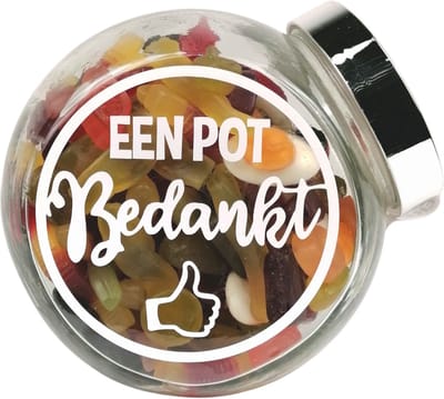 Snoeppot "Een pot Bedankt" bedankje, bedankt cadeautje, gevuld met winegum mix