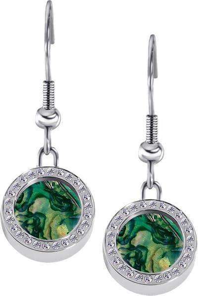 Quiges RVS Schroefsysteem Oorhangers Oorbellen Zilverkleurig met Zirkonia en Verwisselbare Multi Groene Schelp Mini Munt Set - ECOS052