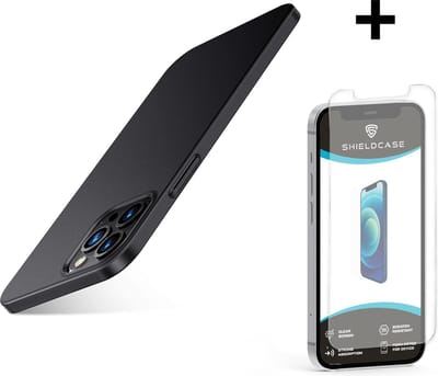 Shieldcase Ultra thin case geschikt voor Apple iPhone 12 / 12 Pro - 6.1 inch - dun telefoonhoesje - optimale bescherming - backcover - zwart + glazen Screen Protector