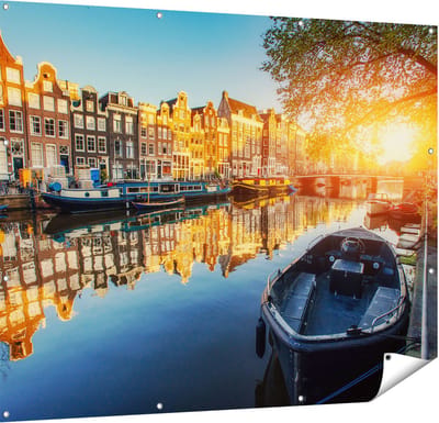 Gards Tuinposter Amsterdamse Gracht bij Zonsondergang - 150x120 cm - Tuindoek - Tuindecoratie - Wanddecoratie buiten - Tuinschilderij