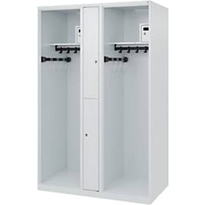 Brandweerkluis C+P Evolo Maxi, 4 vakken voor 2 personen, zonder helmhouder, vloerglijders, B 1200 x D 500 x H 1850 mm, RAL 7035 lichtgrijs
