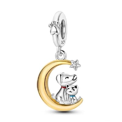 Fler® | Bedel | Past op populaire bedelarmbanden (standaard - 3mm) | Hond en Kat op Maan Bedel | Hangbedel Charm | 925 sterling zilver | Transparante zirkonia | Blauwe, Rode & Zwarte emaille | Armband Kraal | Valentijnsdag Cadeau | Sinterklaas kado