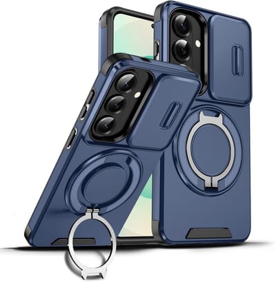 Hoesje Geschikt voor Samsung Galaxy A37 hoesje Blauw - Shock Hybrid Armor Hoes met Kickstand Ring en Camera Bescherming - Geschikt voor MagSafe