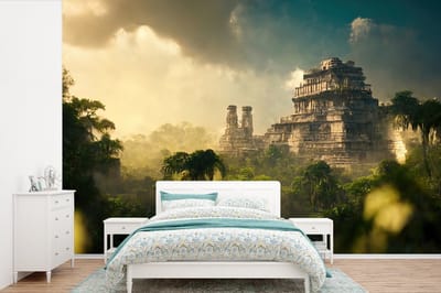 Behang - Fotobehang Tempel - Jungle - wolken - Lucht - Natuur - Breedte 525 cm x hoogte 350 cm