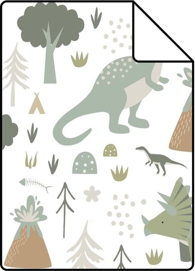 Proefstaal ESTAhome behang dinosaurussen vintage blauw en groen - 26.5 x 21 cm - 131357-S