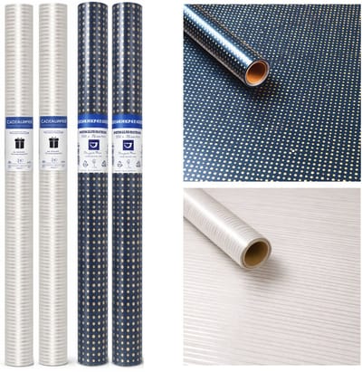 Cadeaupapier Set 4 Rollen – Zilver & Blauw met Goud – 70 x 200 cm per rol – Luxe Inpakpapier – Stevig Geschenkpapier