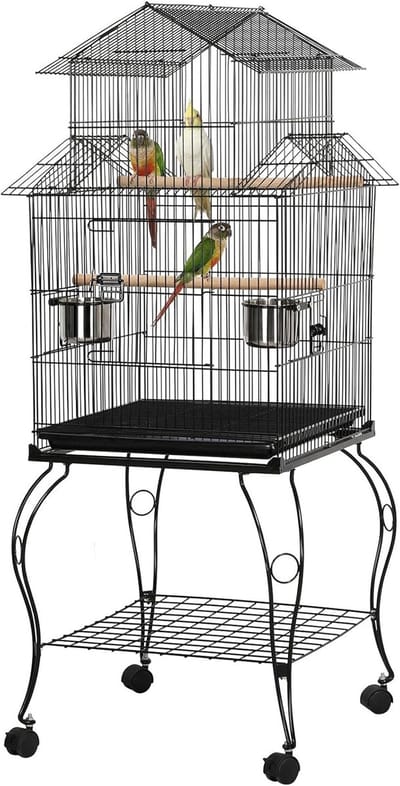 Papa Simba Vogelkooi, kooi, vogelvolière, volière met standaard voor grote parkieten en papegaaien, ca. 59 x 59 x 139,5 cm HMTM-BC-10011-Black