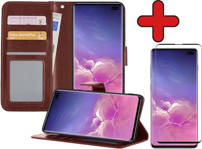 Hoesje - Met Screenprotector - Geschikt voor Samsung Galaxy S10 - Luxe Pasjeshouder - Flipcase - Bookcase Portemonee - Flip Case - Kunstleer Book Case - Book Cover - Walletcase - Portemonneehoes - Telefoonhoes - Bruin