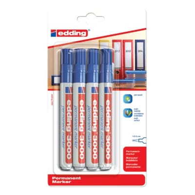edding 3000 permanent marker - blauw - 4 stiften - ronde punt 1,5-3 mm - water en wrijfvast - voor karton, kunststof, hout, metaal, etc. - alcohol markers voor volwassenen