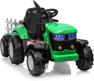 Elektrische Kindertractor 12V met Aanhanger en Afstandsbediening - Speelgoed Tractor met 6 Banden - 2 Motoren, Bluetooth, Muziek & LED Verlichting - Groen
