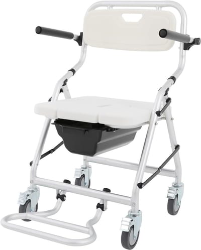 Inklapbare toiletstoel - Douchestoel commode - Veilige ondersteuning - Vergrendelbare wielen - 150 kg draagvermogen - Zilver wit