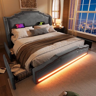 DESMIU Gestoffeerd Bed 140x200cm – Bed met LED Verlichting en USB-C Oplaadfunctie – 4 Lades voor Extra Opbergruimte – Voor Slaapkamer of Jeugdkamer – Zacht Velours – Grijs – Zonder Matras