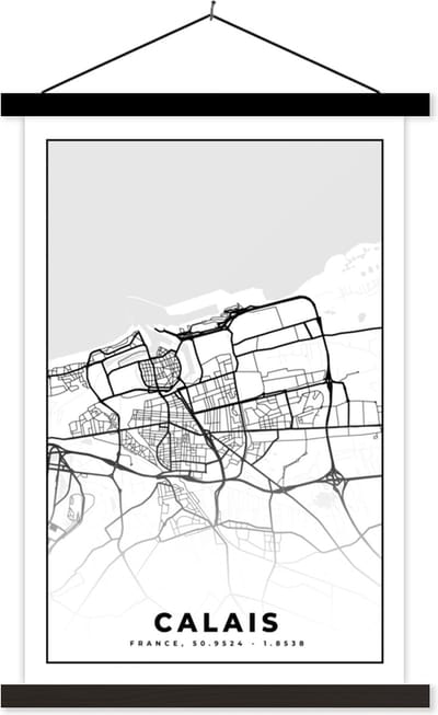 Posterhanger incl. Poster 40x60 cm - Schoolplaat - Stadskaart - Frankrijk - Calais - Kaart - Plattegrond - Zwart wit - Textielposter - Zwarte latten - Stadskaart